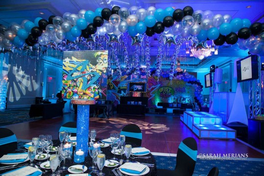 Graffiti Themed Bar Mitzvah with Turquoise, Black & Silver Balloon Canopy Wrap on Dance Floor at The Woodcliff Lake Hilton