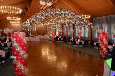 Hot Pink & Silver Balloon Canopy over Dance Floor with Lights