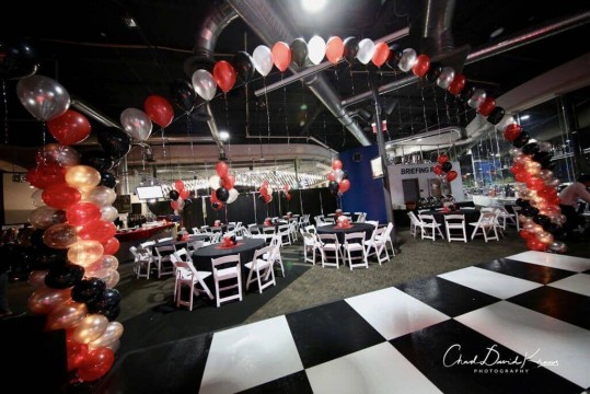 Red, Black & Silver Bar Mitzvah Balloon Gazebo with Lights at Grand Prix, Mt. Cisco
