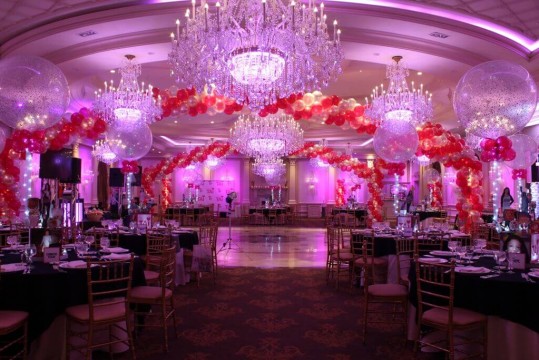 Hot Pink & Silver Balloon Wrap around Dance Floor with Lights at The Rockleigh