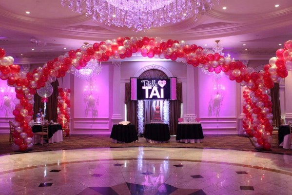 Hot Pink & Silver Balloon Wrap around Dance Floor with Lights at The Rockleigh