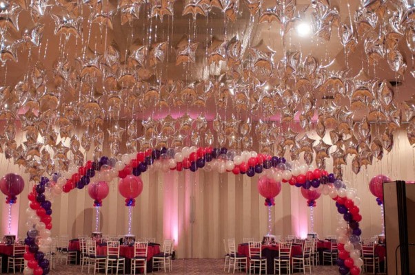 Pink & Purple Themed Bat Mitzvah with Silver Mylar Star Canopy Wrap over Dance Floor