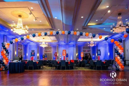 Navy & Orange Balloon Gazebo around Dance Floor for Basketball Themed Bar Mitzvah at The Hilton, Woodcliff Lake, NJ