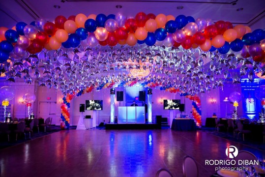Primary Colored Balloon Canopy Wrap with Lights for Lego Themed Bar Mitzvah at Pearl River Hilton