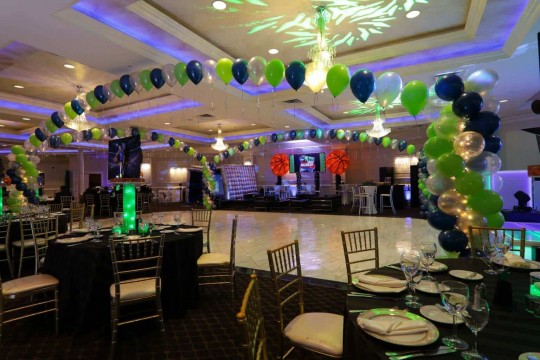 Lime & Navy Balloon Gazebo with Lights over Dance Floor for Basketball Themed Bar Mitzvah at the Wilshire Grand
