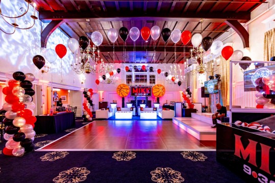 Red & Black Balloon Gazebo over Dance Floor at Plainfield Country Club for Basketball Themed Bar Mitzvah