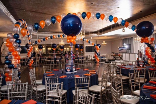 Navy & Orange Balloon Gazebo with Lights for ESPN Themed Bar Mitzvah at The Mansion at Mountain Lakes