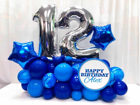 Shades of Blue Balloon Bouquet with Stars & Custom Sign for 12th Birthday