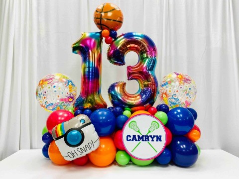 Tie Dye Everything Girl Balloon Bouquet with Custom Sign for 13th Birthday