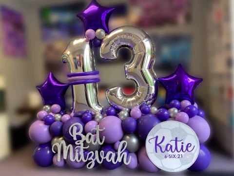 Fancy Balloon Bouquet with Custom Cut Out Sign & Logo for Bat Mitzvah