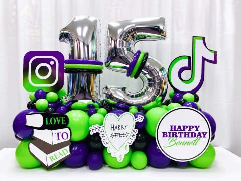 Social Media Themed Balloon Bouquet with Custom Sign for 15th Birthday