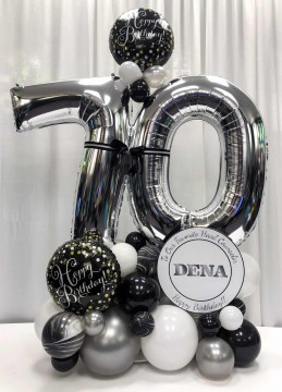 Black & White Birthday Balloon Bouquet with Marble Balloons & Personalized Sign