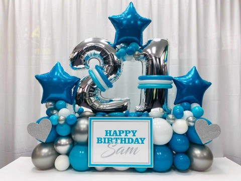 Turquoise & Silver Birthday Bouquet with Stars & Custom Sign For Home Celebration
