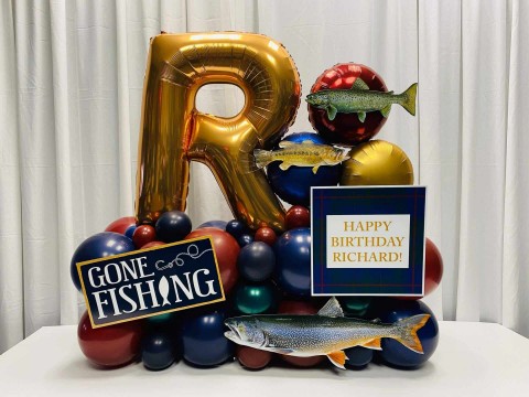 Fishing Themed Balloon Bouquet with Custom Cutouts for Birthday Celebration