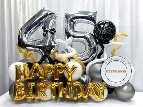 Custom Black, White & Gold Balloon Bouquet for 45th Birthday