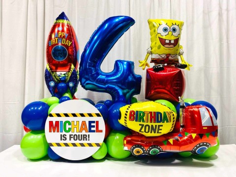 Everything Boy Balloon Bouquet with Custom Sign for 4th Birthday