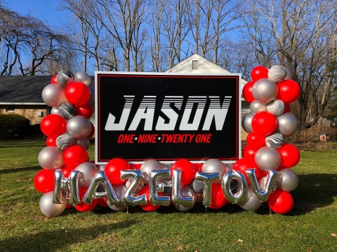 Large Outdoor Balloon Display with Custom Sign for Drive By Bar Mitzvah