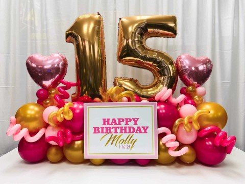Shades of Pink & Gold Balloon Bouquet with Custom Sign For Birthday Delivery