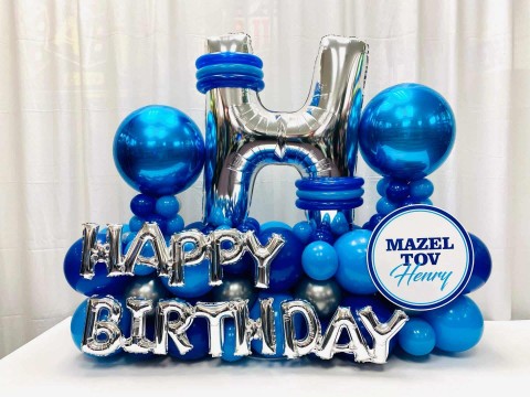 Shades of Blue Birthday Balloon Arrangement with Initial Letter &  Custom Sign