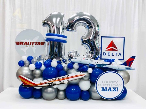 Airplane Themed Fancy Balloon Bouquet with Custom Sign for 13th Birthday