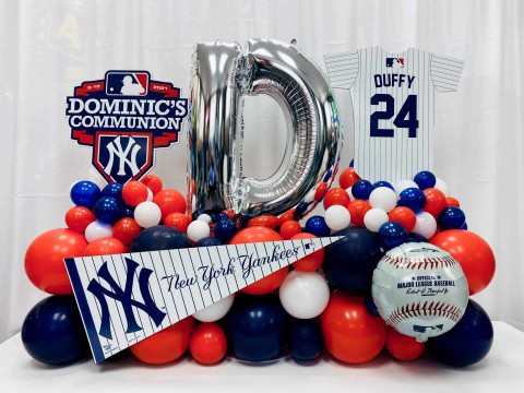Baseball Themed Fancy Balloon Bouquet with Custom Cut Out Jersey & Pennant for First Communion