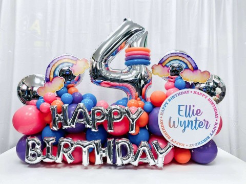 Rainbow Themed Fancy Balloon Bouquet with Custom Sign for 4th Birthday