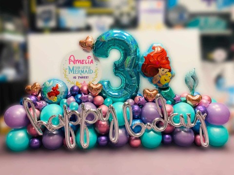 Little Mermaid Themed Fancy Balloon Bouquet with Custom Sign for 3th Birthday