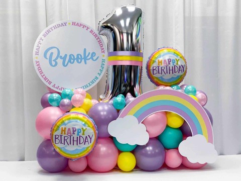 Rainbow Themed Fancy Balloon Bouquet with Custom Sign for 1st Birthday
