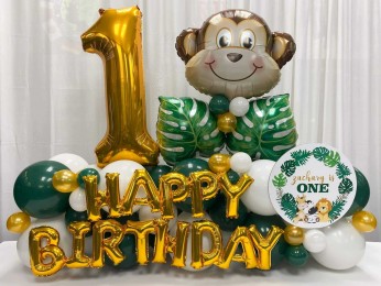 Jungle Themed First Birthday Balloons with Custom Logo & Monkey Head