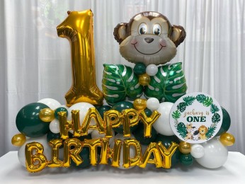 Jungle Themed First Birthday Balloon Bouquet with Custom Sign