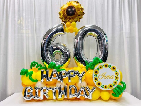 Sunflower Themed Balloon Bouquet with Custom Sign for 60th Birthday