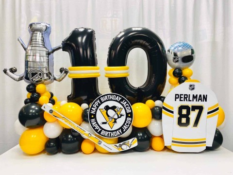 Hockey Themed Fancy Balloon Bouquet with Custom Cut Out Jersey for 10th Birthday