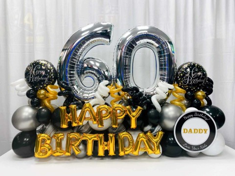 60th Birthday Balloon Bouquet with Custom Sign in Black, White, Gold & Silver