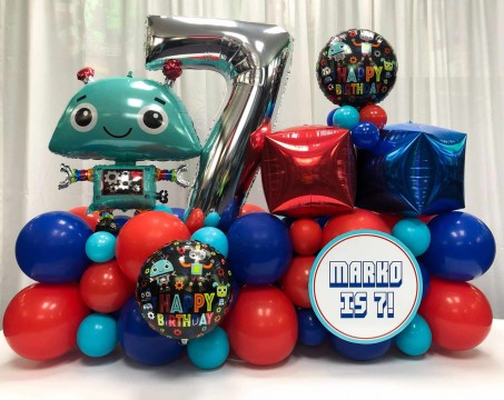 Robot Themed Balloon Bouquet with Custom Sign for Birthday
