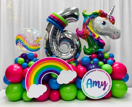 Unicorn Theme Fancy Balloon Bouquet with Custom Sign for 6th Birthday