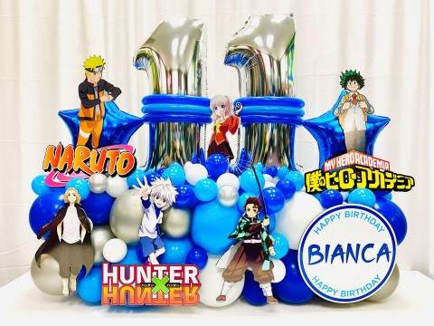 Anime Themed Fancy Balloon Bouquet with Custom Sign and Cut Outs for 11th Birthday