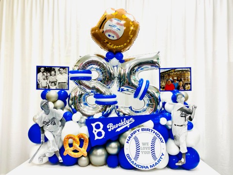 Baseball Theme Fancy Balloon Bouquet with Custom Sign, Cut Outs & Pictures for 85th Birthday
