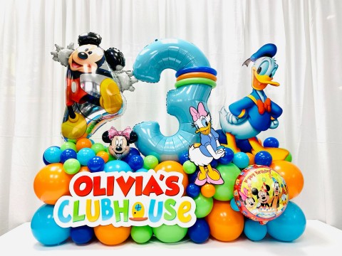 Mickey Mouse Theme Fancy Balloon Bouquet with Custom Clubhouse Sign and Cut Outs for 3rd Birthday