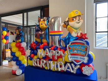 Paw Patrol Themed Fancy Balloon Bouquet with Custom Sign and Paw Prints, Custom Paw Patrol  Balloon Column and Balloon Tree for First Birthday Party