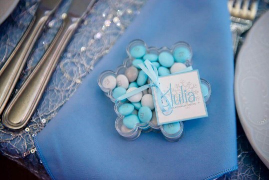 Snowflake Container with M&M's and Logo Tag for Sweet Sixteen Party Favor