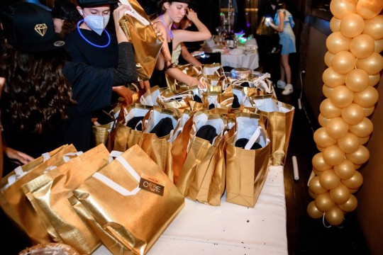 Gold Gift Bags with Custom Logo Tags for Bat Mitzvah Hoodies