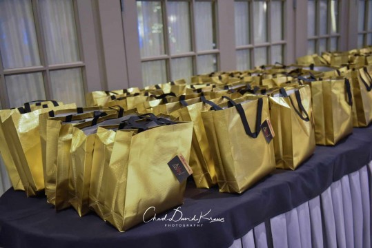 Gold Metallic Gift Bags with Custom Logo Tags for Harry Potter Themed Bat Mitzvah