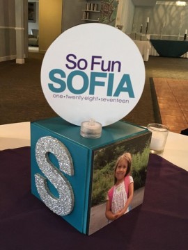 Mini Cube Centerpiece with Glittered Initial, Photos & Logo Topper