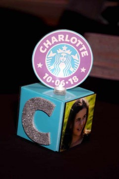 Starbucks Themed Lounge Centerpiece with Glittered Initial & Photos