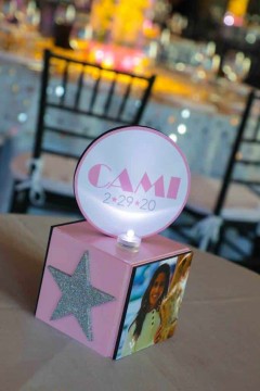 Hollywood Themed Mini Cube  Centerpiece with Photos, Glittered Stars & Custom Logo