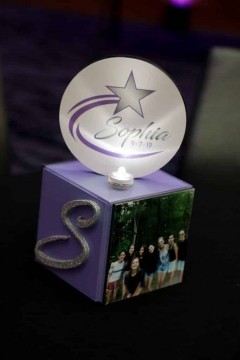 Mini Cube Centerpiece with Glitter Initial & Custom Logo for Galaxy Themed Bat Mitzvah
