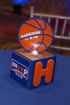 Mini Basketball Cube Centerpiece with Cutout Initial and Custom Logo
