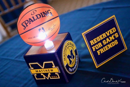 Mini Basketball Cube Centerpiece with Custom Logos for Michigan Themed Bar Mitzvah