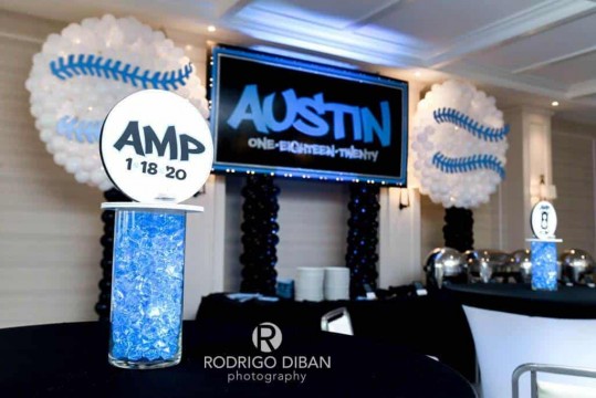 Bar Mitzvah Lounge Centerpiece with Custom Logo & Pale Blue Chips