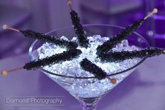 LED Martini Glass Centerpiece with Rock Candy for Bat Mitzvah Lounge